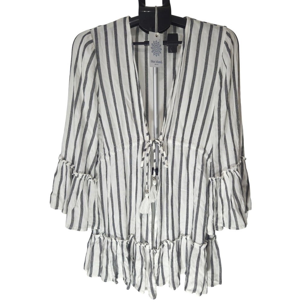 Blue Island Beach Striped Swim Cover Up Dress Tassel Tie Ruffle White Black O/S